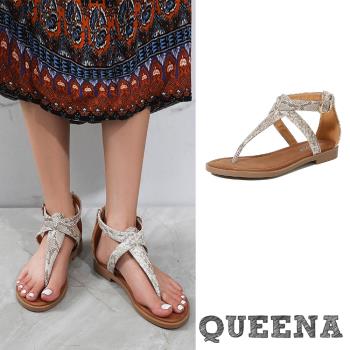 【QUEENA】歐美蛇紋皮革T字帶低跟涼鞋/時尚歐美極簡蛇紋皮革T字帶造型低跟涼鞋 女鞋 白