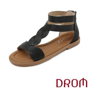 【DROM】金屬亮皮曲線工字低跟涼鞋/歐美時尚金屬亮皮復古曲線工字設計低跟涼鞋 女鞋 黑