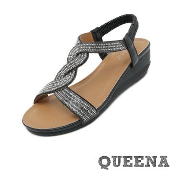 【QUEENA】美鑽交叉編織坡跟涼鞋/閃耀美鑽交叉辮繩編織設計坡跟涼鞋 女鞋 黑