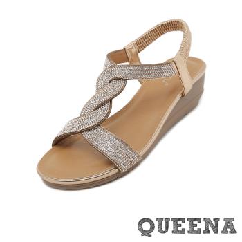 【QUEENA】美鑽交叉編織坡跟涼鞋/閃耀美鑽交叉辮繩編織設計坡跟涼鞋 女鞋 香檳