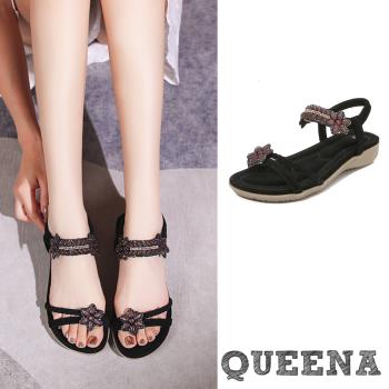 【QUEENA】水晶美鑽花朵坡跟厚底涼鞋/華麗水晶美鑽花朵造型舒適坡跟厚底涼鞋 女鞋 黑