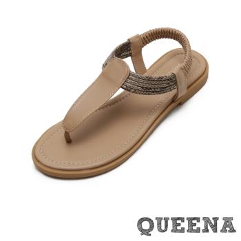【QUEENA】經典T字繩飾低跟羅馬涼鞋/波西米亞民族風經典T字皮紋繩飾低跟羅馬涼鞋 女鞋 杏
