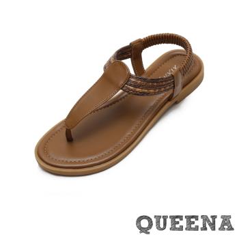 【QUEENA】經典T字繩飾低跟羅馬涼鞋/波西米亞民族風經典T字皮紋繩飾低跟羅馬涼鞋 女鞋 棕