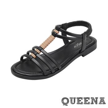 【QUEENA】縷空低跟羅馬涼鞋/波西米亞民族風魚骨縷空線條時尚低跟羅馬涼鞋 女鞋 黑