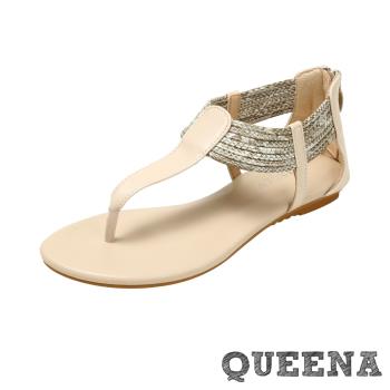 【QUEENA】T字繩飾平底羅馬涼鞋/波西米亞民族風T字皮紋繩飾時尚平底羅馬涼鞋 女鞋 杏