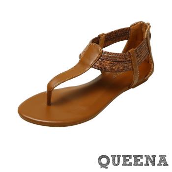 【QUEENA】T字繩飾平底羅馬涼鞋/波西米亞民族風T字皮紋繩飾時尚平底羅馬涼鞋 女鞋 棕