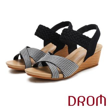 【DROM】復古編織坡跟涼鞋/歐美復古亮絲面交叉編織造型坡跟涼鞋 女鞋 黑