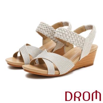 【DROM】復古編織坡跟涼鞋/歐美復古亮絲面交叉編織造型坡跟涼鞋 女鞋 金