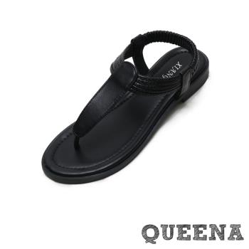 【QUEENA】經典T字繩飾低跟羅馬涼鞋/波西米亞民族風經典T字皮紋繩飾低跟羅馬涼鞋 女鞋 黑