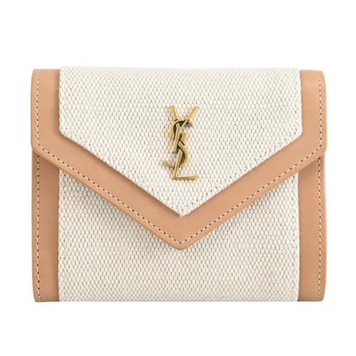 YSL 739806 經典LOGO帆布皮飾邊三折短夾.米咖