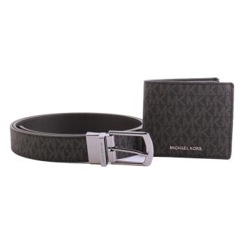 MICHAEL KORS-滿版LOGO 細版皮帶+短夾禮盒組(黑灰)