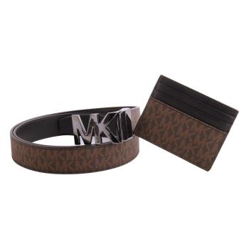 MICHAEL KORS-滿版LOGO 細版皮帶+卡夾禮盒組(深咖)