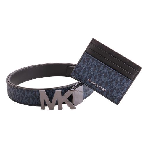MICHAEL KORS-滿版LOGO 細版皮帶+卡夾禮盒組(灰藍)