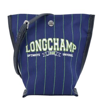 LONGCHAMP ESSENTIAL系列運動風棉質帆布細條紋斜揹包(迷你/海軍藍)