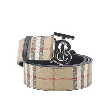 BURBERRY 銀色TB Logo 帆布拼牛皮寬4cm皮帶(米色)