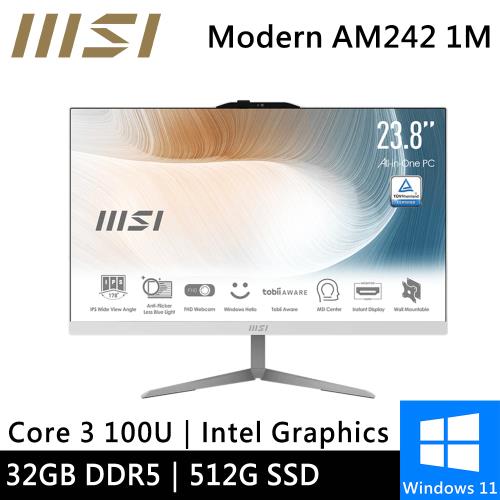 微星 AIO Modern AM242 1M-1078TW-SP3 24型 白(Intel Core 3 100U/32G/512G/W11)特仕機