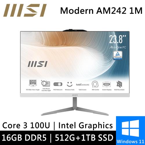 微星 AIO Modern AM242 1M-1078TW-SP2 24型 白(Intel Core 3 100U/16G/512G+1TB)特仕機