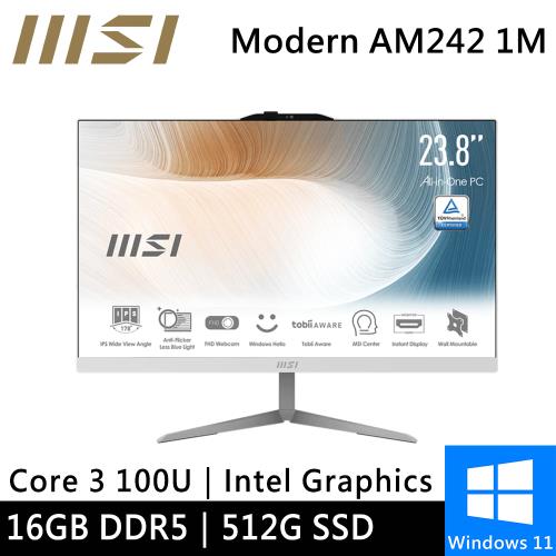 微星 AIO Modern AM242 1M-1078TW-SP1 24型 白(Intel Core 3 100U/16G/512G/W11)特仕機
