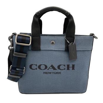 【COACH】字母LOGO手提斜背兩用帆布小托特包(藍)