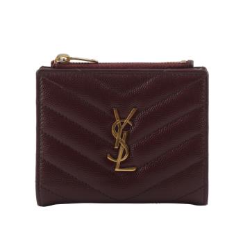 二手商品8.5成新 YSL 金字Logo 山形紋粒紋牛皮暗釦短夾(酒紅色)