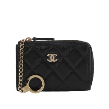 CHANEL 金色CC Logo 粒紋牛皮拉鍊鑰匙包/零錢包/卡包(黑色)