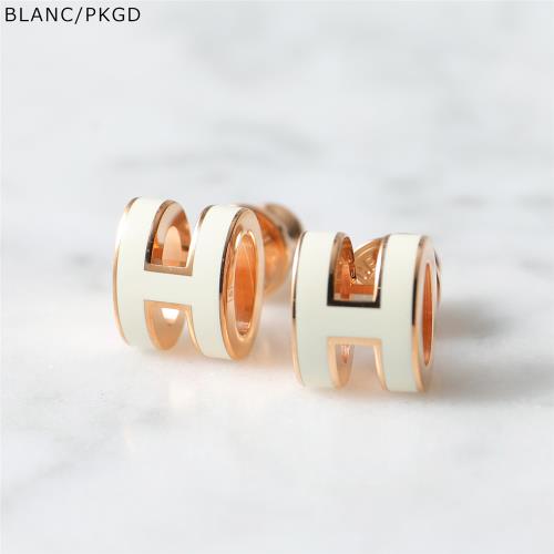 HERMES mini POP H 立體橢圓簍空耳針式耳環  玫瑰金白色