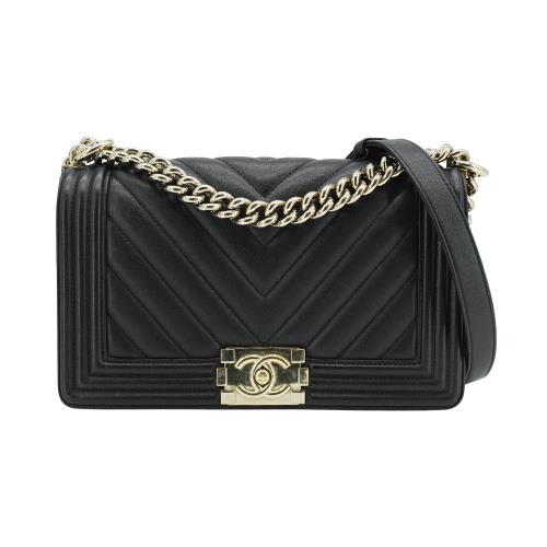 二手品 Chanel Boy 山形紋牛皮壓邊淡金鍊肩背斜背包-25cm(A67086-黑)