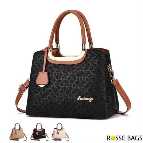 【Rosse Bags】華麗特色編織質感撞色大容量手提包(現+預  黑色／米色／卡其色)
