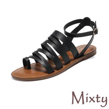 【MIXTY】縷空夾趾低跟羅馬涼鞋/時尚歐美縷空繫帶夾趾設計復古低跟羅馬涼鞋 女鞋 黑