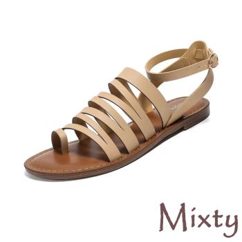 【MIXTY】縷空夾趾低跟羅馬涼鞋/時尚歐美縷空繫帶夾趾設計復古低跟羅馬涼鞋 女鞋 米