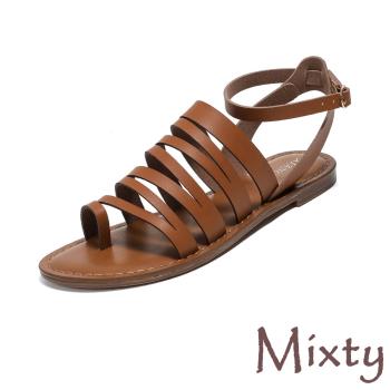 【MIXTY】縷空夾趾低跟羅馬涼鞋/時尚歐美縷空繫帶夾趾設計復古低跟羅馬涼鞋 女鞋 棕