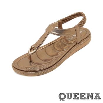 【QUEENA】金屬亮皮T字設計平底涼鞋/閃耀金屬亮皮極簡T字設計平底涼鞋 女鞋 3色任選