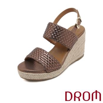 【DROM】金屬編織草編坡跟厚底涼鞋/復古歐美閃耀金屬編織草編坡跟厚底涼鞋 女鞋 棕
