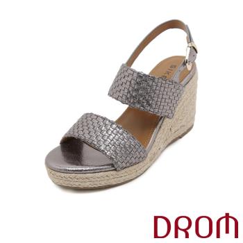 【DROM】金屬編織草編坡跟厚底涼鞋/復古歐美閃耀金屬編織草編坡跟厚底涼鞋 女鞋 灰