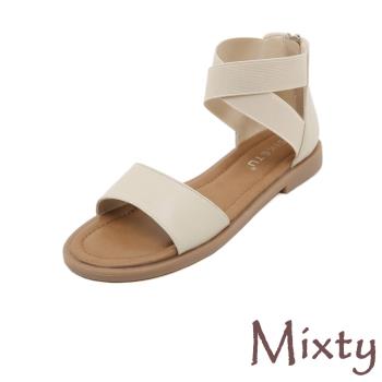 【MIXTY】一字帶繞踝低跟涼鞋/歐美時尚百搭極簡一字帶繞踝低跟涼鞋 女鞋 杏