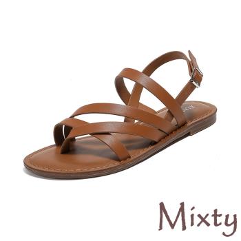 【MIXTY】縷空交叉平底羅馬涼鞋/極簡縷空交叉錯位線條時尚平底羅馬涼鞋 女鞋 棕