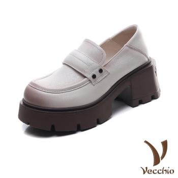 【VECCHIO】全真皮粗跟樂福鞋/全真皮頭層牛皮經典小圓頭粗跟厚底樂福鞋 女鞋 米