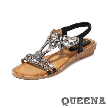 【QUEENA】縷空花型美鑽工字坡跟涼鞋/華麗縷空花型美鑽工字造型坡跟涼鞋 女鞋 黑