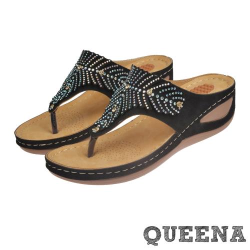 【QUEENA】燙鑽坡跟夾腳拖鞋/波西米亞民族風閃耀葉片燙鑽時尚坡跟厚底夾腳拖鞋 女鞋 黑