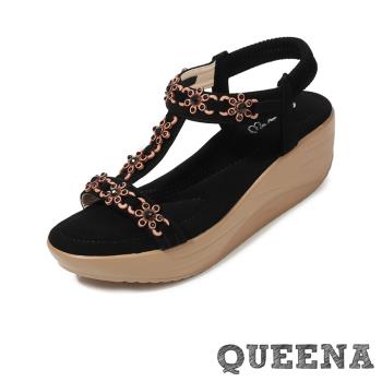 【QUEENA】復古花朵串珠工字坡跟涼鞋/波西米亞民族風復古花朵串珠工字造型坡跟厚底涼鞋 女鞋 黑