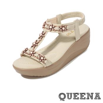 【QUEENA】復古花朵串珠工字坡跟涼鞋/波西米亞民族風復古花朵串珠工字造型坡跟厚底涼鞋 女鞋 白