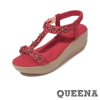 【QUEENA】復古花朵串珠工字坡跟涼鞋/波西米亞民族風復古花朵串珠工字造型坡跟厚底涼鞋 女鞋 紅
