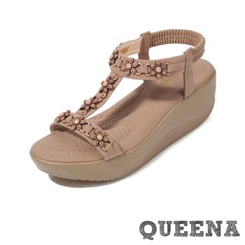 【QUEENA】復古花朵串珠工字坡跟涼鞋/波西米亞民族風復古花朵串珠工字造型坡跟厚底涼鞋 女鞋 粉