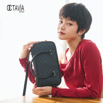 OCTAVIA8 真皮- 方的原則 雙層四方菱格車線肩斜揹包- 名模黑