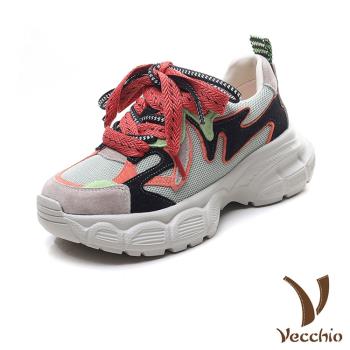 【VECCHIO】翻絨牛皮撞色拼接厚底休閒鞋/真皮翻絨牛皮時尚撞色拼接厚底休閒運動鞋 女鞋 紅
