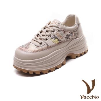 【VECCHIO】真皮亮片網布厚底休閒鞋/真皮閃耀亮片網布拼接時尚厚底休閒鞋 女鞋 米