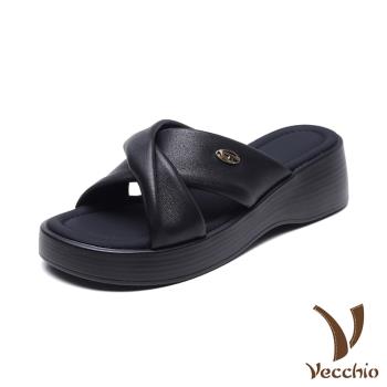 【VECCHIO】羊皮翻摺交叉輕量坡跟拖鞋/真皮羊皮翻摺交叉設計輕量坡跟厚底拖鞋 女鞋 黑