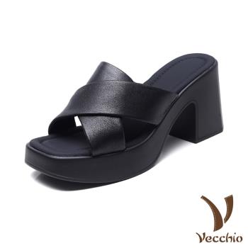 【VECCHIO】真皮防水臺交叉粗跟拖鞋/真皮頭層牛皮百搭防水臺交叉造型粗跟拖鞋 女鞋 黑