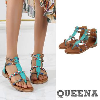 【QUEENA】彩色編織夾腳低跟涼鞋/波西米亞民族風彩色編織復古圖樣縷空線條夾腳低跟涼鞋 女鞋 3色任選
