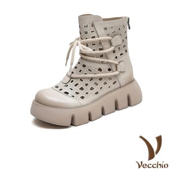 【VECCHIO】全真皮幾何縷空厚底短靴/全真皮頭層牛皮復古幾何縷空方塊鬆糕厚底繫帶短靴 涼靴 女鞋 米
